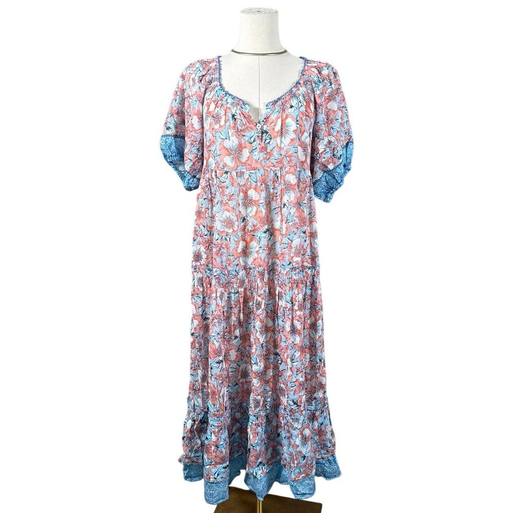 Poupette St Barth Floral Boho Midi Dress Blue Orange Print Size XS Romantic - Picture 2 of 14